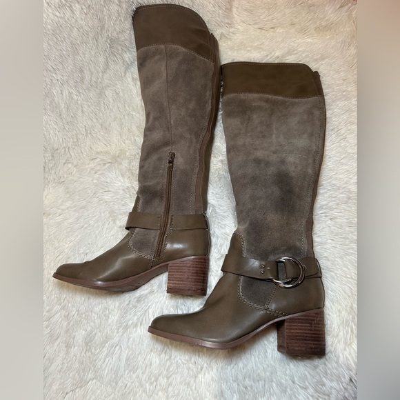 Marc Fisher Leather/Suede Wide Calf Over Knee Boots Editer Olive Taupe - Sz 8.5 - Picture 2 of 9